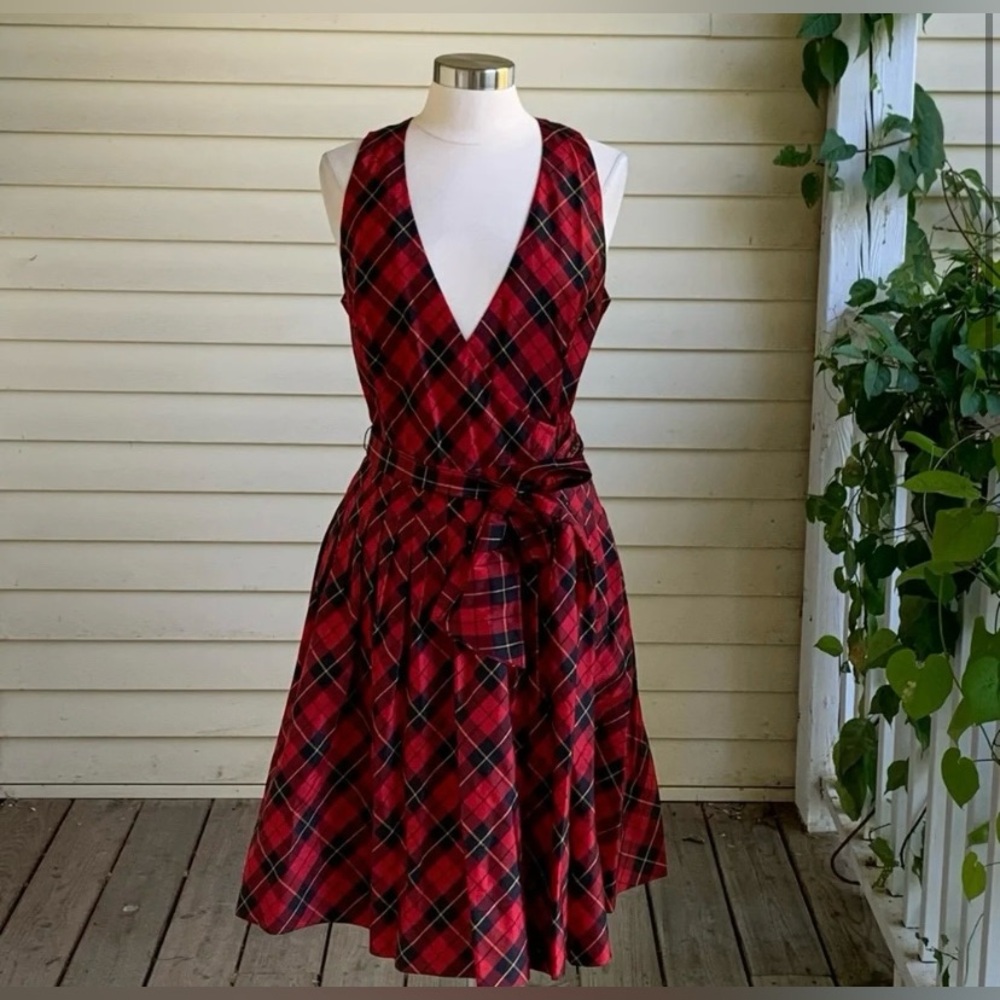 Ralph Lauren plaid tartan silk wrap dress size 12 red